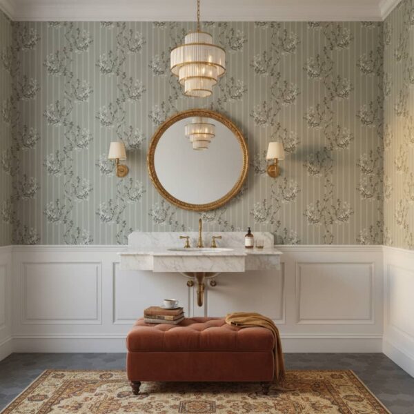 Delicate Flower on Green Stripes - Canadian-made peel and stick wallpaper from wallpaperonline.ca - close-up detail