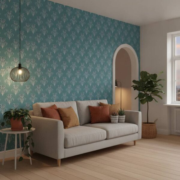 Home-test | Peel & Stick Wallpaper Online | Proudly Made in Canada Delicate Teal Blue Floral Blooms - Canadian-made peel and stick wallpaper from wallpaperonline.ca - close-up detail