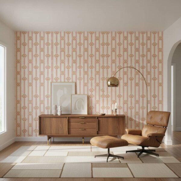 Floral Medallions with Stripes wallpaper in a Mid-Century Modern room