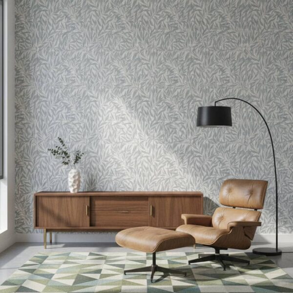 Great Willow - Teal Blue Cream wallpaper in a Mid-Century Modern room