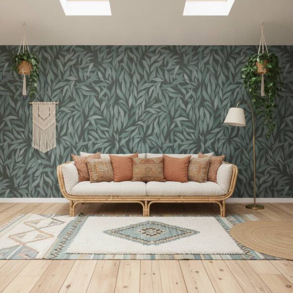 Close-up of Great Willow Wallpaper in Blue Brown, a contemporary botanical design printed in Canada