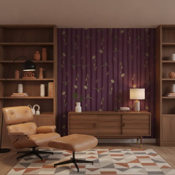 Green Flower on Burgundy Stripes wallpaper in a Mid-Century Modern room