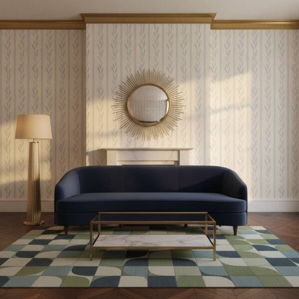 Light Blue Leaves with Pinstripes on Ivory wallpaper in a Art Deco room