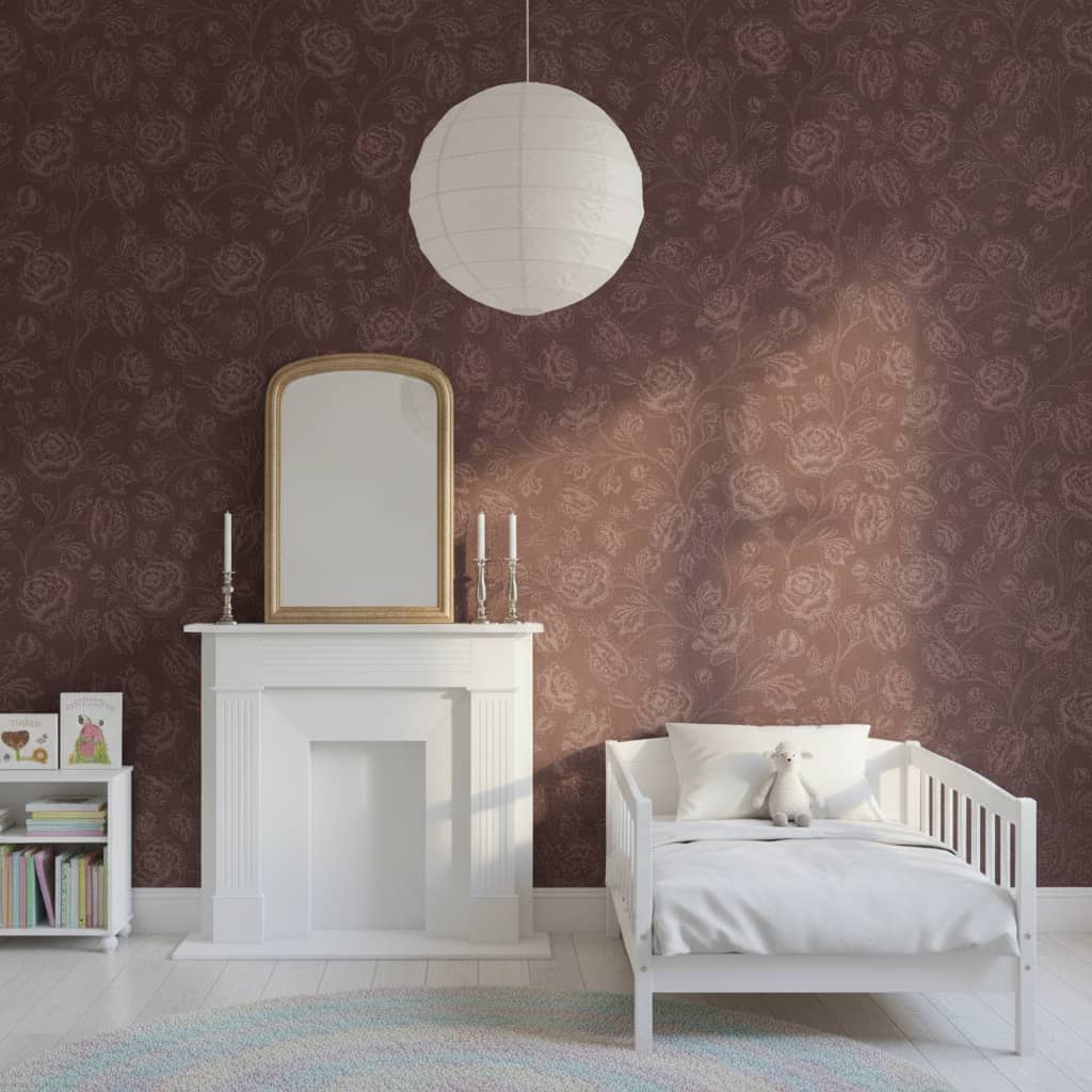 Magdalene Roses Toile Vintage Wallpaper in Burgundy Brown | Peel & Stick Wallpaper Online | Proudly Made in Canada Magdalene Roses Toile Vintage Wallpaper in Burgundy Brown wallpaper in a Children's Room room