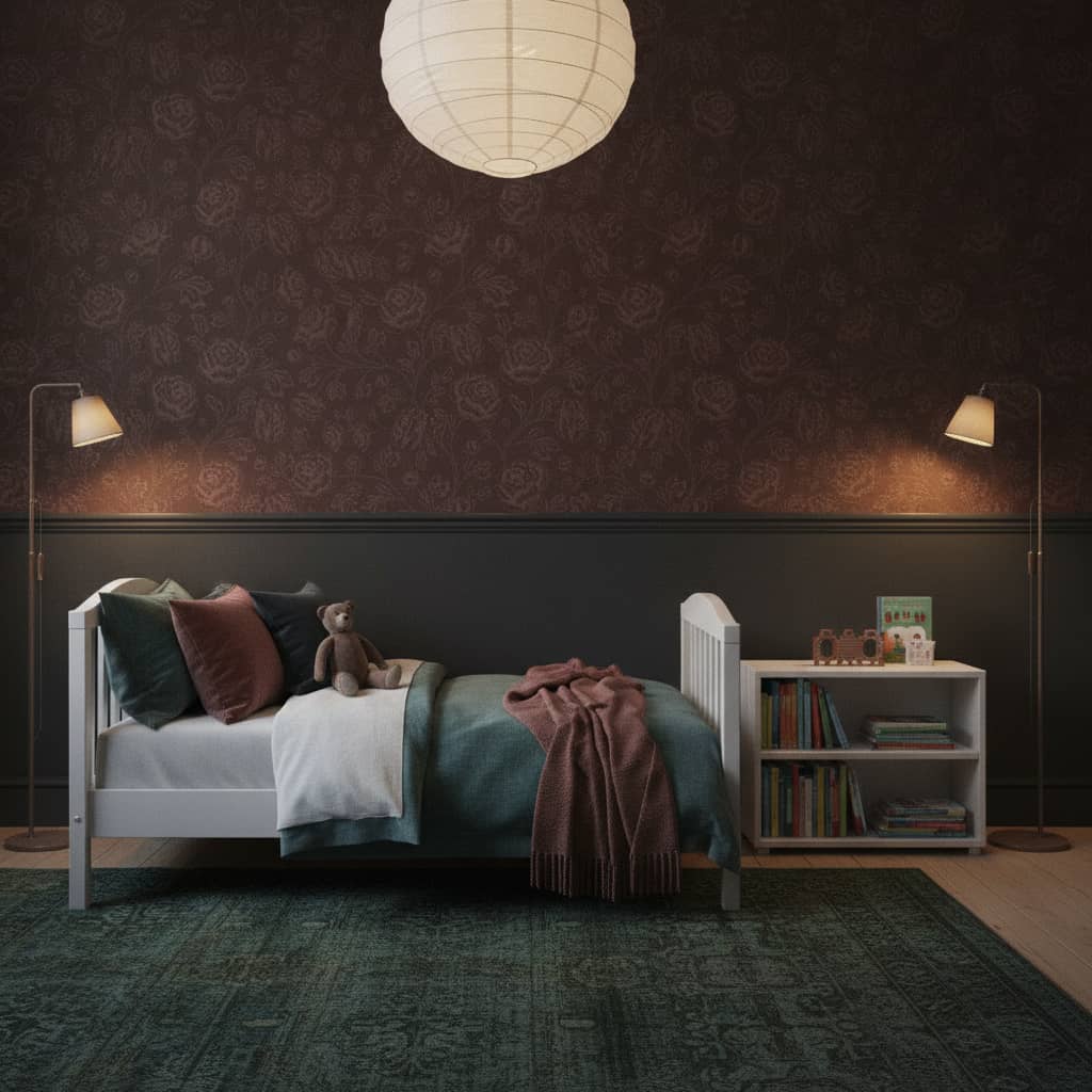 Magdalene Roses Toile Vintage Wallpaper in Burgundy Brown | Peel & Stick Wallpaper Online | Proudly Made in Canada Magdalene Roses Toile Vintage Wallpaper in Burgundy Brown wallpaper in a Children's Room room