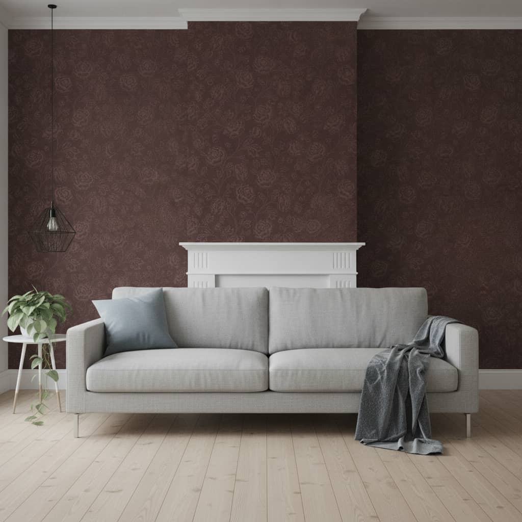 Magdalene Roses Toile Vintage Wallpaper in Burgundy Brown | Peel & Stick Wallpaper Online | Proudly Made in Canada Close-up of Magdalene Roses Toile Vintage Wallpaper in Burgundy Brown, a victorian toile design printed in Canada