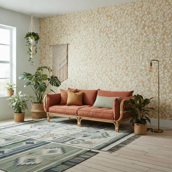 Malina Sweet Pea Wallpaper in Tumeric - Malina Sweet Peas brings warmth and botanical elegance to any space with creamy