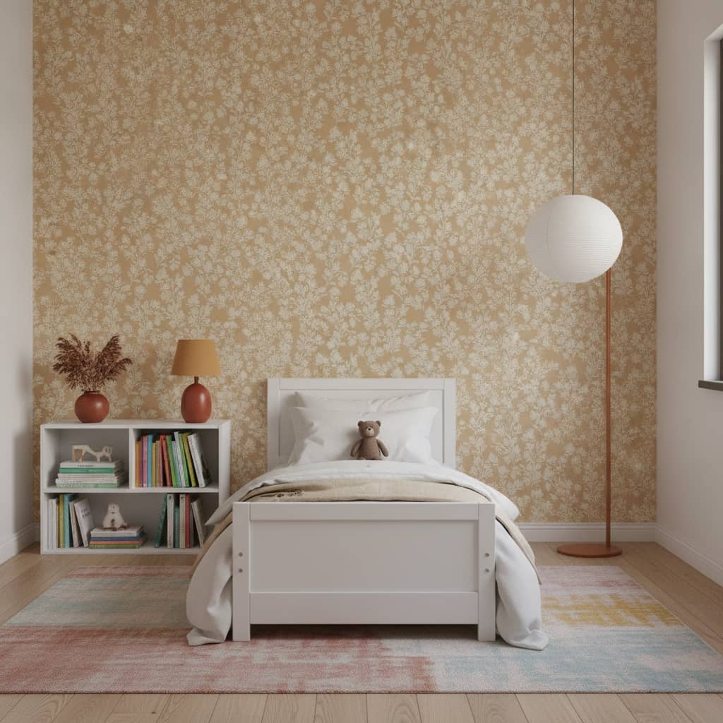Malina Sweet Pea Wallpaper in Tumeric | Peel & Stick Wallpaper Online | Proudly Made in Canada Malina Sweet Pea Wallpaper in Tumeric wallpaper in a Children's Room room