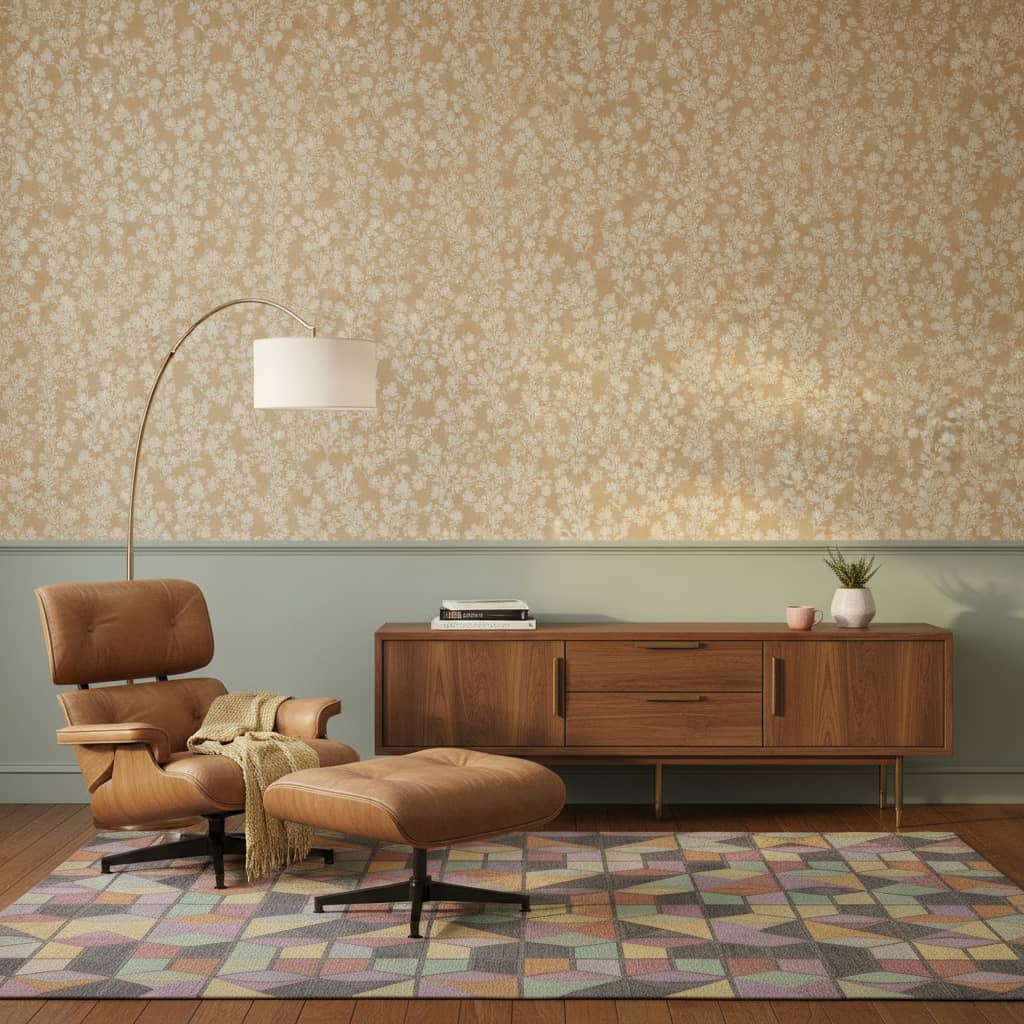 Malina Sweet Pea Wallpaper in Tumeric | Peel & Stick Wallpaper Online | Proudly Made in Canada Malina Sweet Pea Wallpaper in Tumeric wallpaper in a Mid-Century Modern room