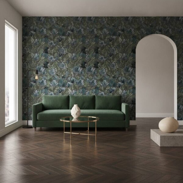 Midnight Tulip Vines - This richly artistic botanical wallpaper features oversized hand-painted tulip blooms and flowing