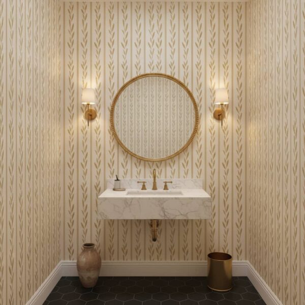 Ochre Leaves with Pinstripes on Ivory - Canadian-made Tara Ritchie Wallpaper wallpaper from Wallpaper Online Canada