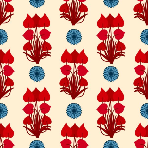 Retro Red and Blue Floral Wallpaper