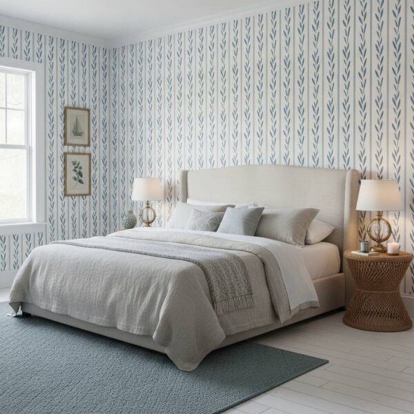 Teal Leaves with Pinstripes on Ivory wallpaper in a master bedroom · coastal room