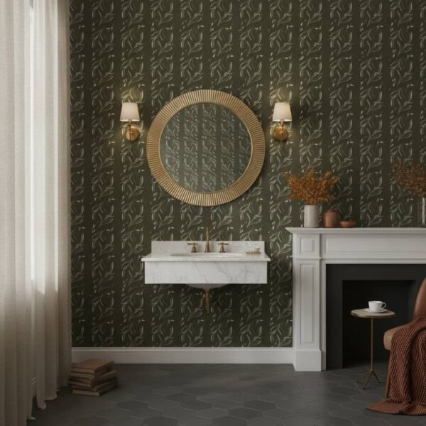 Vines on Warm Green - Canadian-made peel and stick wallpaper from wallpaperonline.ca - close-up detail