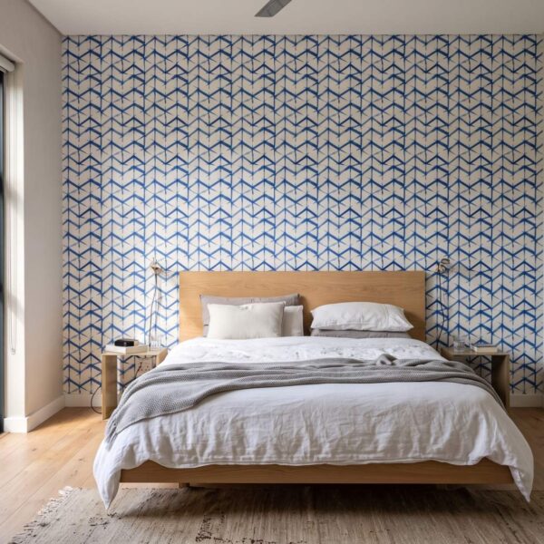 Jato Blue Wallpaper shown in a bedroom