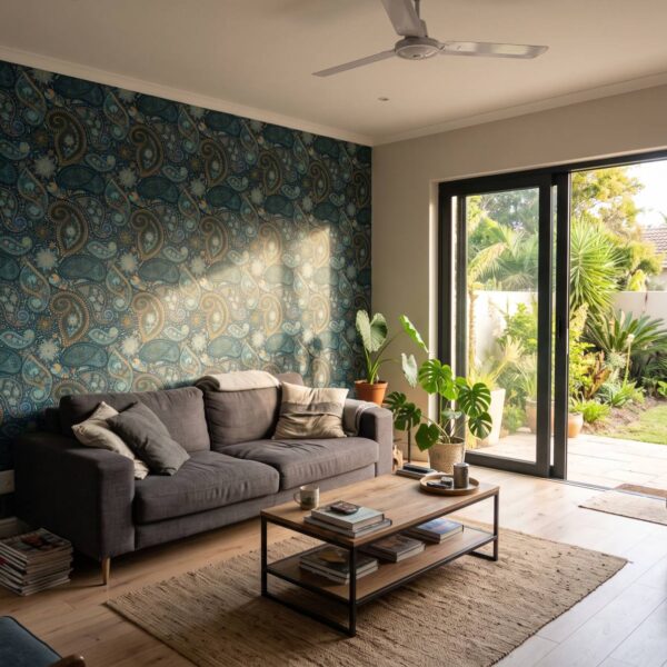 Ashra Damask Ray Wallpaper shown in a living room