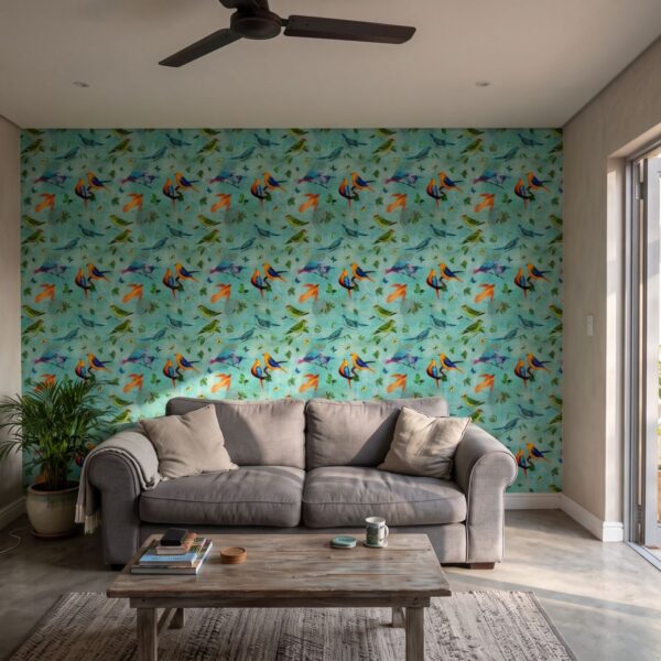 Flapping Cerulean Wallpaper shown in a living room