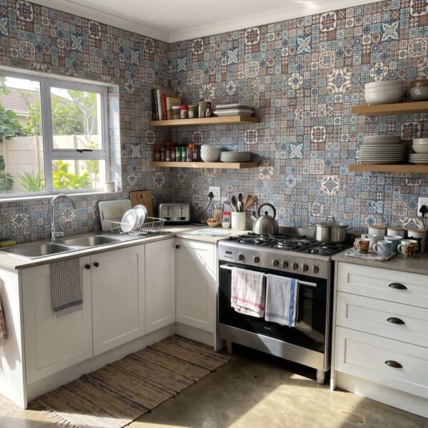 Blanc Micro Tile Wallpaper shown in a kitchen