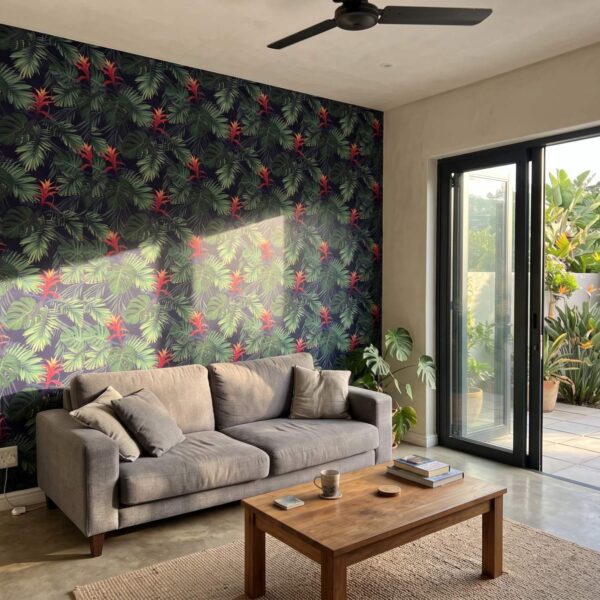 Shadow Jungle Flowers Wallpaper shown in a living room