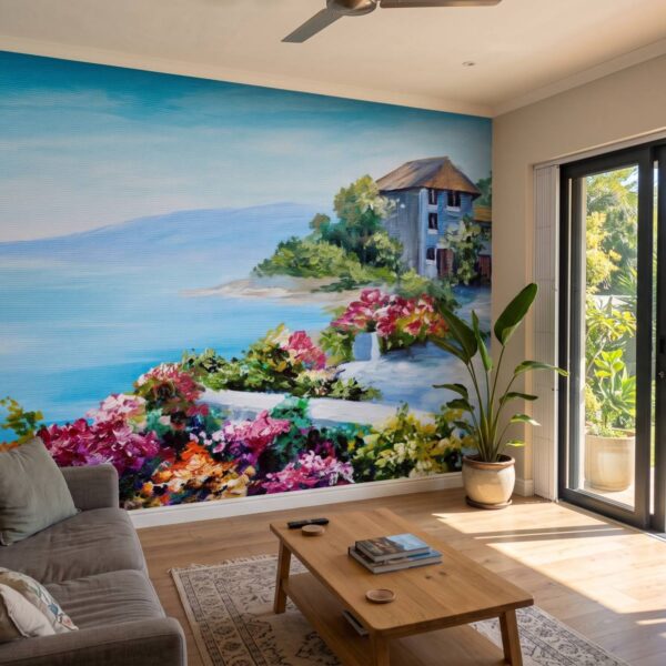 Mural Oil Paint Village shown in a living room