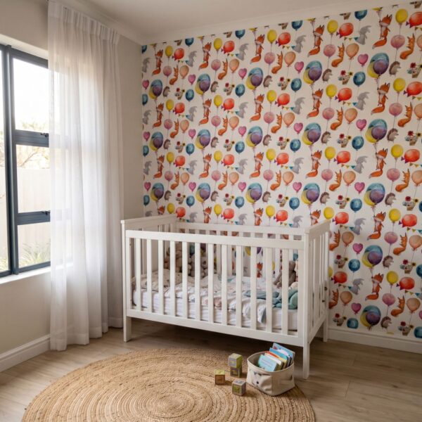 Up Up and Away Wallpaper shown in a nursery