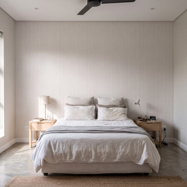 Beige Grass Wallpaper shown in a bedroom