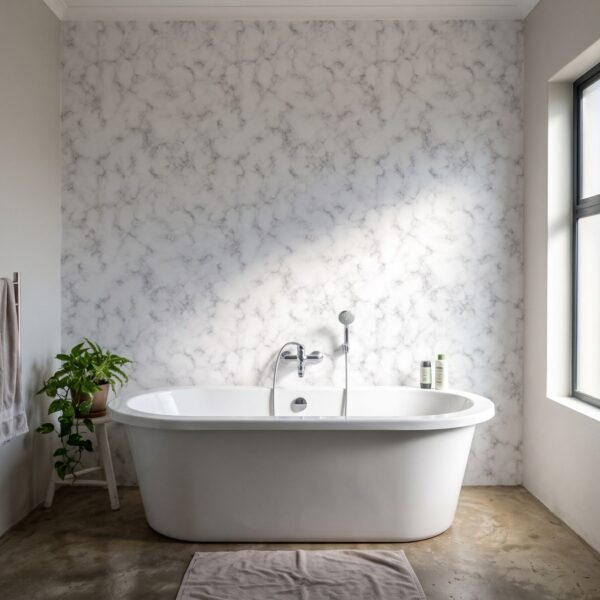 Caesar Marble Wallpaper shown in a bathroom