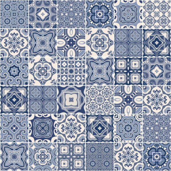 Zurbarán Tile Wallpaper, mosaic tile pattern in blue and cream wallpaper - Wallpaper Online Canada