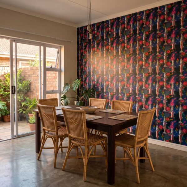 Fishy Roses Wallpaper shown in a dining room