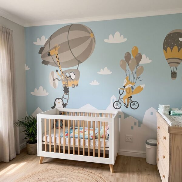 Mural Flying High shown in a nursery