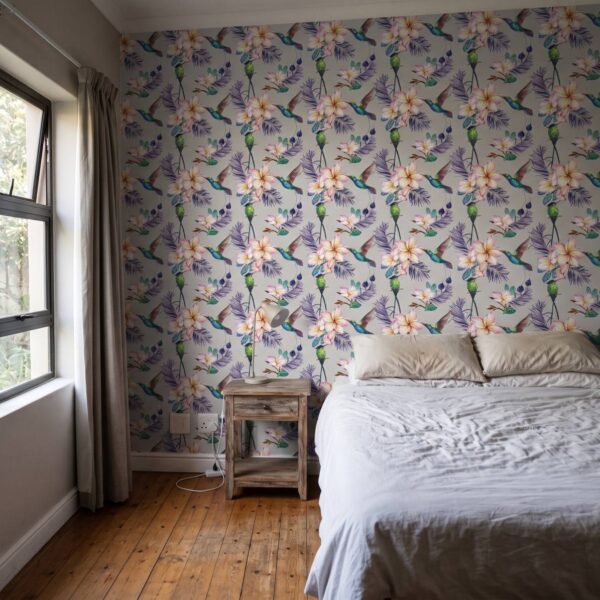 Gentle Hume Wallpaper shown in a bedroom