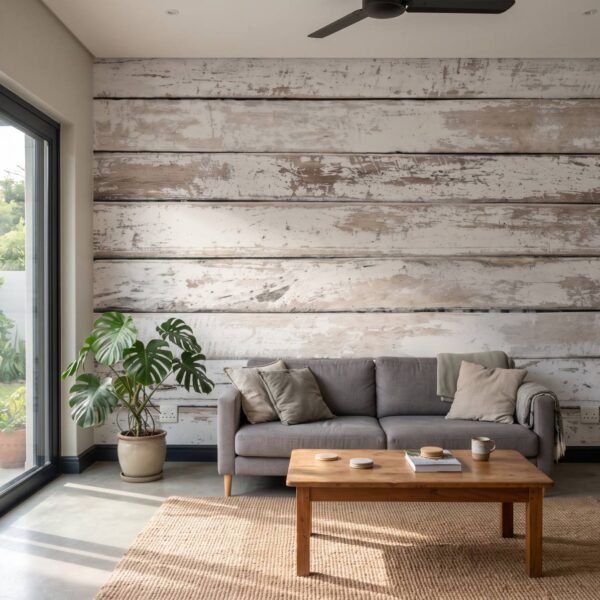 Mural White Wood Planks shown in a living room