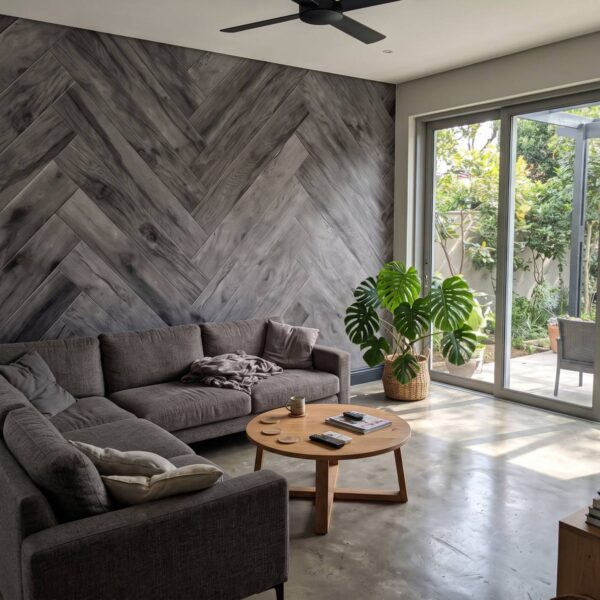 Mural Cinereal Herringbone shown in a living room