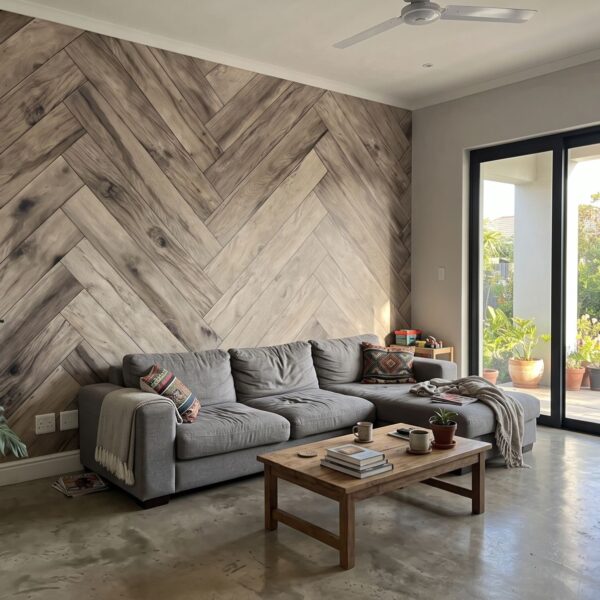 Mural Sorrel Herringbone shown in a living room