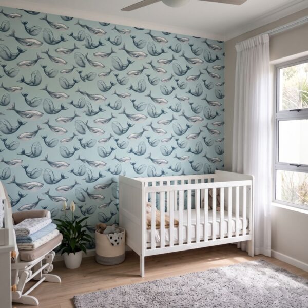 Whale of a Time Wallpaper shown in a nursery