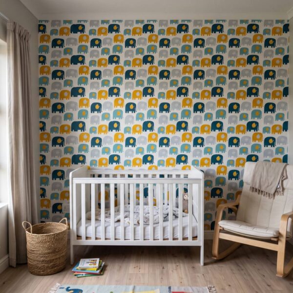 Olifants Walllpaper shown in a nursery