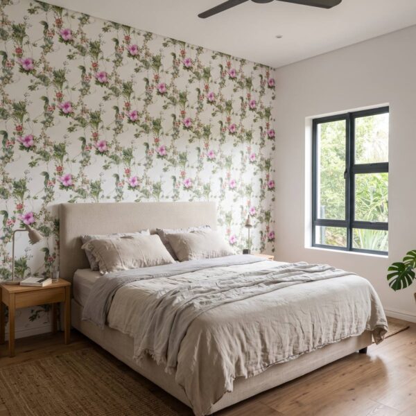 Grace Kelly Bloom Wallpaper shown in a bedroom