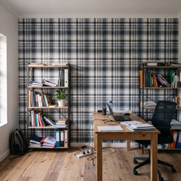 Wallpaper Online Canada, Commercial grade wallpapers and murals, proudly made in Vancouver Canada | Peel & Stick Wallpaper Online | Proudly Made in Canada Sambuca Plaid Wallpaper shown in a home office