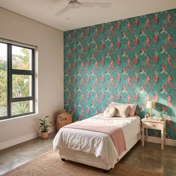 Airy Mermaids Wallpaper shown in a bedroom
