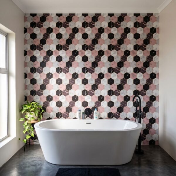Athena Marble Wallpaper shown in a bathroom