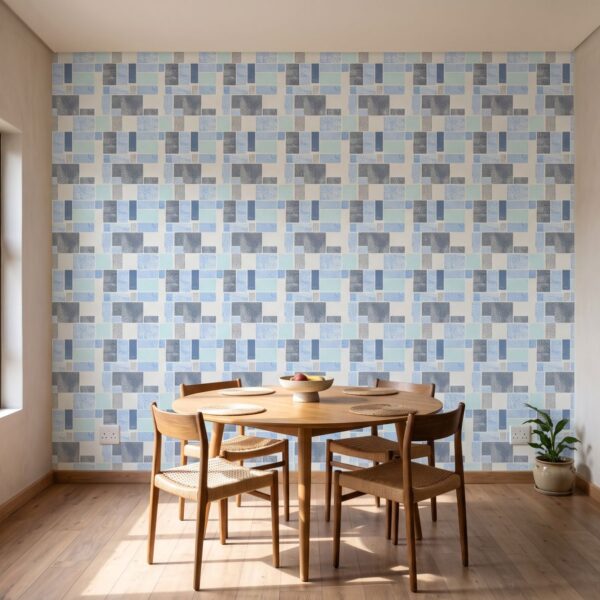 Boho Patchwork Marine Wallpaper shown in a dining room