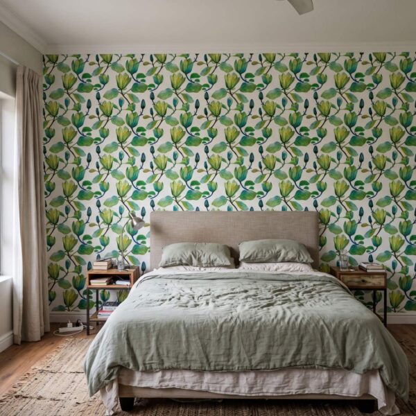 Magnolia Spring Wallpaper shown in a bedroom