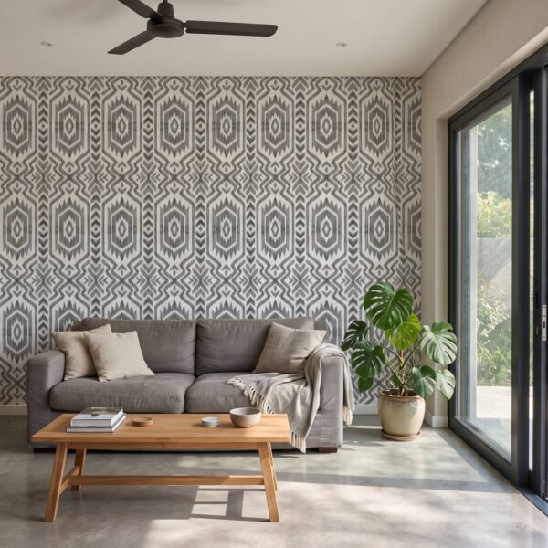 Aztec Wallpaper shown in a living room