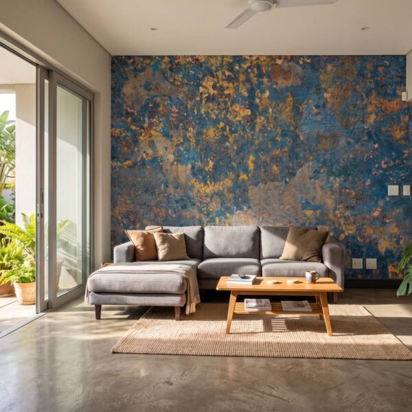 Mural Cobalt Rust shown in a living room