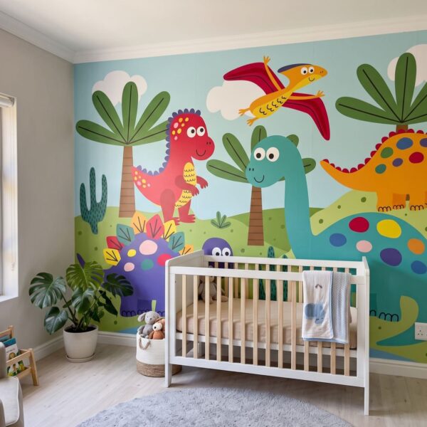 Mural Dino Roar shown in a nursery