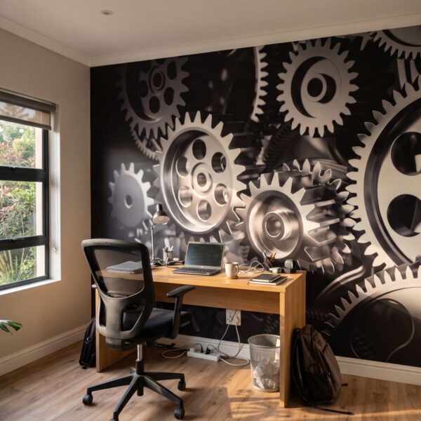 Mural Cogs of Time shown in a home office