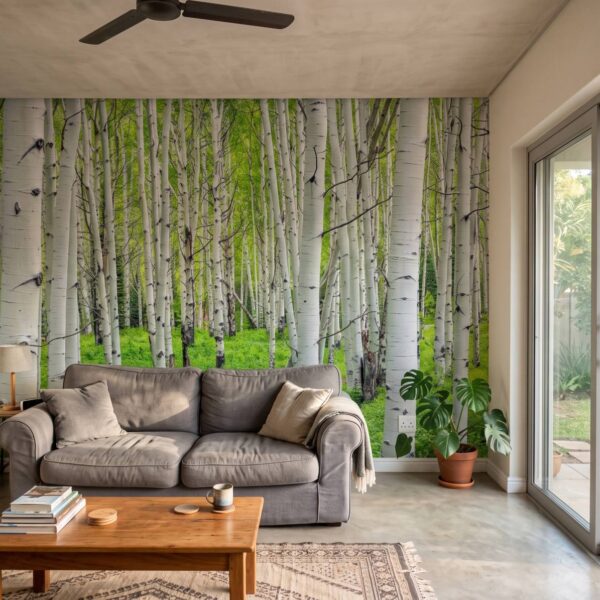 Mural Birchwood Maze shown in a living room