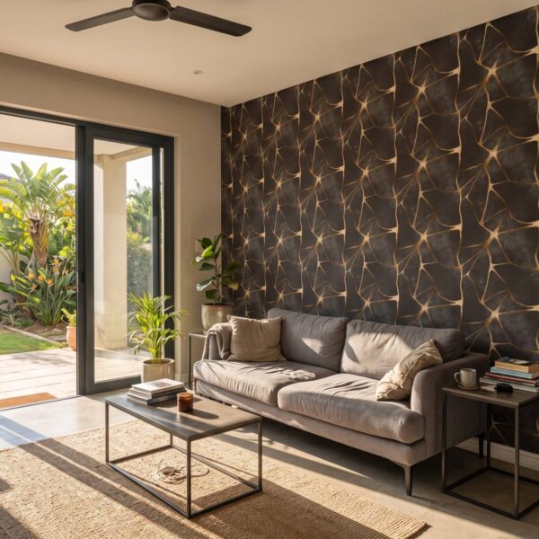Ground Gold Wallpaper shown in a living room