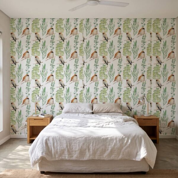 Robin & Leaf Wallpaper shown in a bedroom