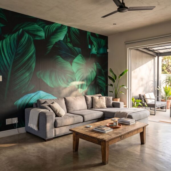Mural Lara Leaves Dark shown in a living room